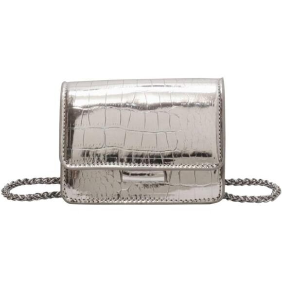 Silver metallic mini purse glitter clutch crossbody bag evening party handbag - Picture 1 of 8